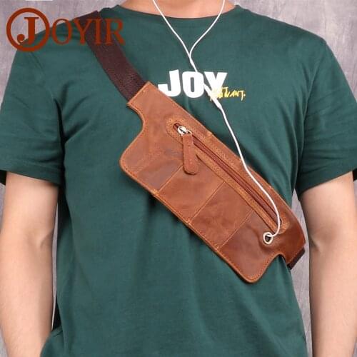 JOYIR Genuine Leather Men Waist Packs Vintage Zipper Fanny Packs Belt Phone Pouch Earphone Hole Travel Men Crossbody Chest Bag