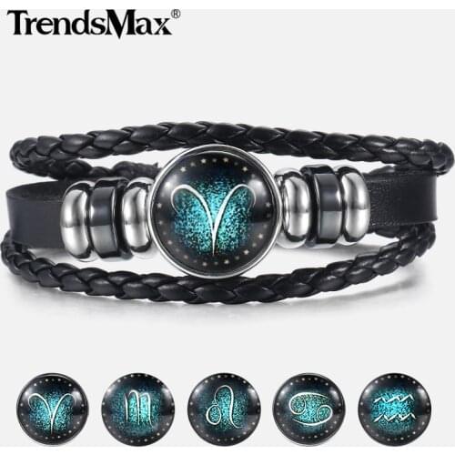 12 Constellation Luminous Leather Bracelet for Men Women Stainless Steel Charm 12 Zodiac Sign Bracelets Wholesale Gifts LBM137