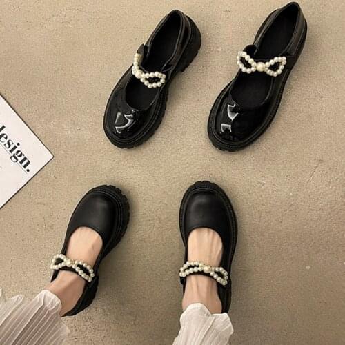 Women Oxford Shoes Bow Pearls Mary Janes Shoes Patent Leather Platform Shoes Square Heeled Thick Sole Lolita Shoes Black 9242L