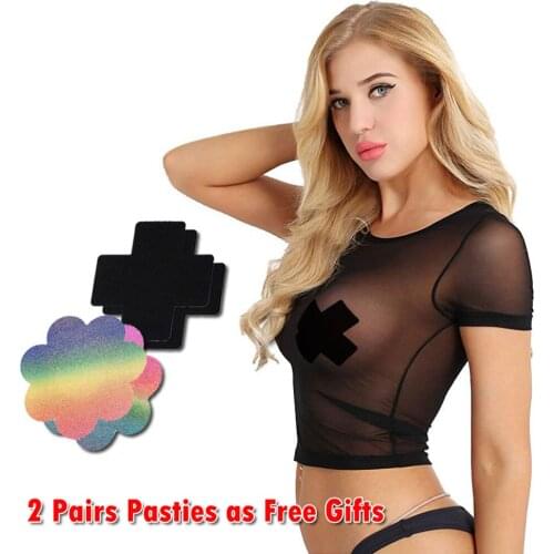 Ypser Womens Fishnet Mesh Crop Tops Long Sleeve Sheer Net T-Shirt Tee