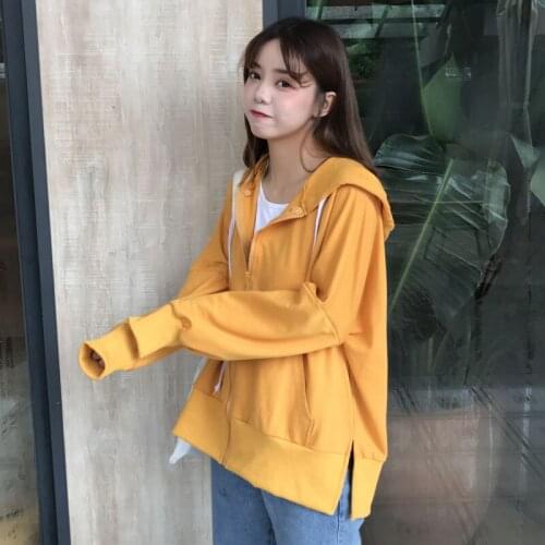 Women Jacket 2019 Spring Autumn Hooded Thin Section Casual Jacket Solid Color Long-Sleeved Split Loose Casual Shirt Student Tide