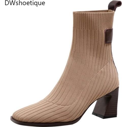 2021 New women ankle boots Stretch Fabric boots for ladies square toe heels boots outdoor