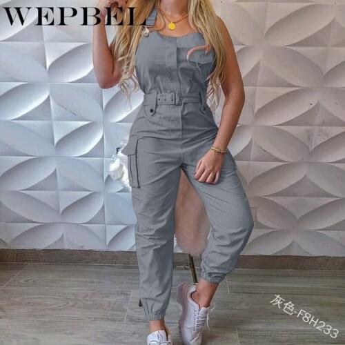 WEPBEL Sleeveless O Neck Jumpsuit With Pocket and Belt Elegant Pencil Pants Overalls Women Casual Cargo Playsuit