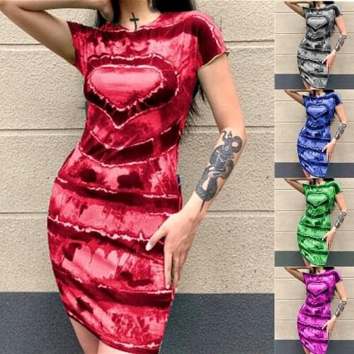 2021 Short Sleeve Women Dress Summer Bodycon Slim Fit O Neck Mini Robe Femme Print Harajuku Vestidos Y2279A