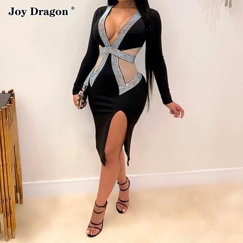 Women Long Sleeve Bodycon Dress Deep Fashion Elegant Sexy V Neck Mesh Plus Size Midi Tight Party Evening Dresses Female Clothing