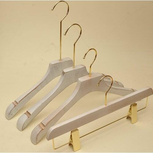 10 pcs/lot Wooden Coat Hanger with Long Golden Hook Solid Wood Coat Hangers of Retro Color Seamless Clothing Drying Rack
