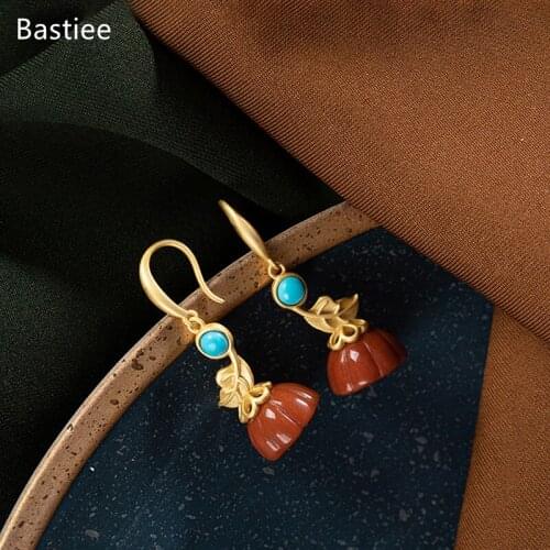 Bastiee 925 Sterling Silver Earrings Earings Fashion Jewelry Red Agate Golden Plated Korean Earrings Dangle Earrings