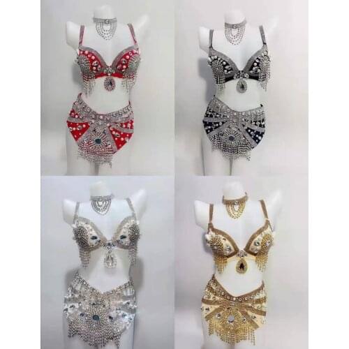 Shining Rhinestone Pearls Bikini Suit Women Sexy Crystal Tassel Bra Shorts Stage Outfit Sets Club Pole Dance Performance Wear