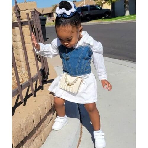 1-7Y Baby Girls Clothes Sets 2021 Summer Autumn Kids Long Sleeve Button Down Shirt Dress + Denim Cami Tops Fashion Girls Outfit