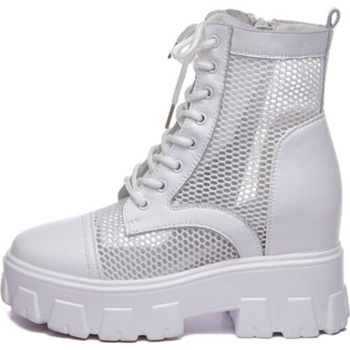 Genuine Leather Women Boots Summer Hollow Sandals Boots Ankle White Black Air Mesh Breathable 9cm Chunky Platform Heel