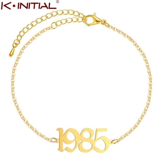 Kinitial Fashion 1985 to 2020 Birth Year Number Charm Bracelet Chain Bangles for Women Birthday Gift Stainless Steel Jewelry