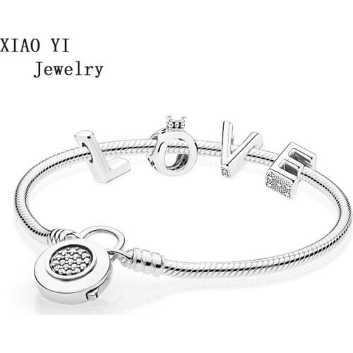 XIAOYI 100% s925 597092CZ RAU0486 Love CROWN CHARM LETTER MOMENTS SMOOTH BRACELET WITH SIGNATURE PADLOCK A Set