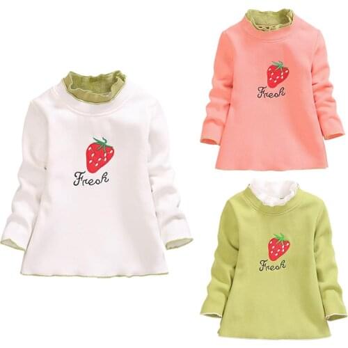 Children Strawberry Print Fleece Long Sleeve Jumper Thickened Kids Girls Stand Collar Sweatshirt Autumn Winter Cotton T-shirts