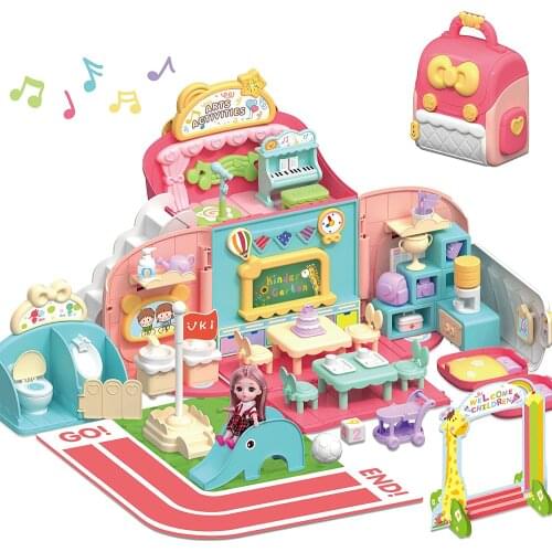 Girls Dollhouse Accessories Playset Pretend Play School Set W/ Portable Backpack Birthday Gifts for 3 4 5 6 Years Old Toddlers