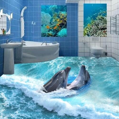Customized Any Size Floor Wallpaper 3D Stereoscopic Dolphin Ocean Bathroom Floor Mural Self-adhesive Waterproof Floor Wallpaper