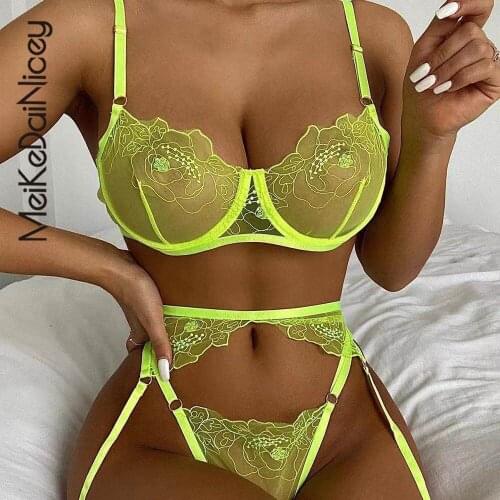 MeiKeDaiNicey Neon Lace Sexy Lingerie Sensual Lingerie Woman Set Woman 3 Pieces Bra with Bones Underwear Set Sexy S-XL Brief Set