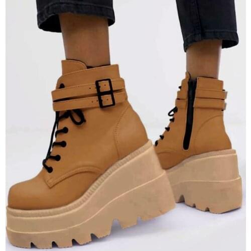 Fashion High Platform Boots Leather High Wedges Ankle Boots Women 2021 New Female Punk Style High Heels Shoes for Woman Goth