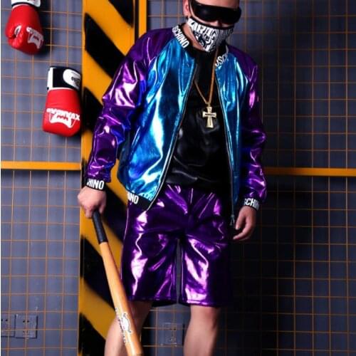 Mens leather jacket singer pu coat men jackets Blue and purple splice clothes personalized stage street dance rock fashion b682