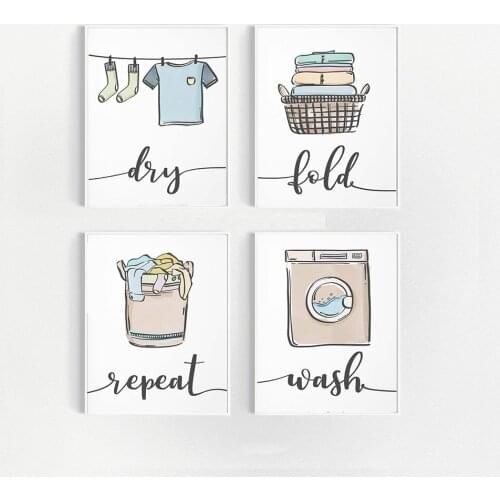 Wall Art Print Canvas Painting Nordic Poster Wash Dry Fold Repeat Laundry Sign Black White Pictures Bathroom Home Decor Modular