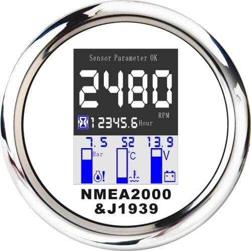 NMEA 2000 4 in 1 Multi-functional Gauge 85MM Digital Tachometer Voltmeter Water Temp Oil Pressure 0~10 Bar 9-32V With Alarm