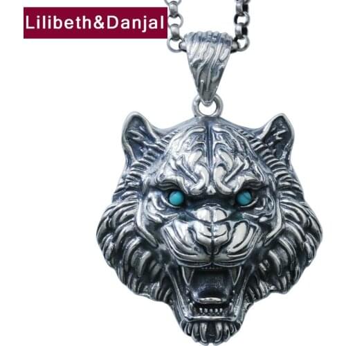 Tiger 925 Sterling Silver Inlaid Natural Stone Blue Turquoise Free Leather Chain Necklace Pendant Jewelry Women Men 2020 New P06
