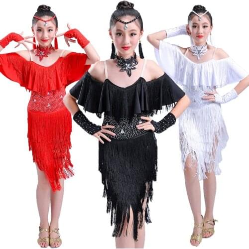 Children tassel bright drill Black Red white Latin Salsa Dress Child Girls Kids Latin Dance Dresses Girls Latin Dance Costumes