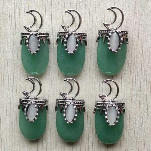 Fashion natural green aventurine metal alloy Moon crown pendants for jewelry making diy necklace accessories wholesale 6pcs