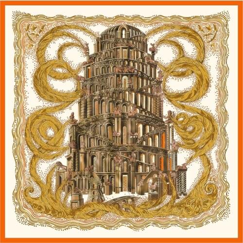 130cm Woman Scarf Shawl 100% Twill Silk Scarf Square Scarf Sky Building Print Neckerchief Bandana Headband Hijab Scarves & Wraps