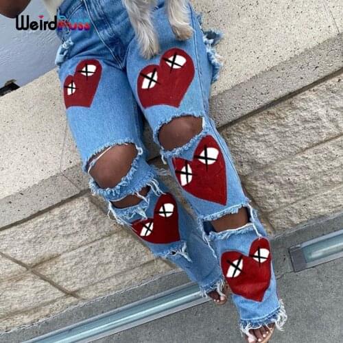 Weird Puss Ripped Women High Waist Jeans Hole Heart Irregular Denim Trousers Summer Streetwear Casual Wild Straight Pants 2021