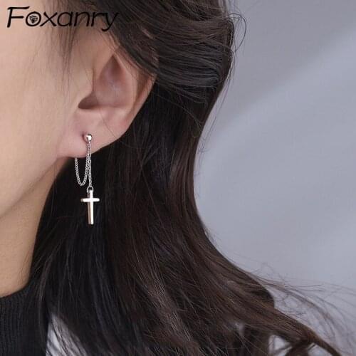 FOXANRY Prevent Allergy 925 Sterling Silver Stud Earrings Fashion Punk Vintage Couples Simple Cross Tassel Thai Silver Jewelry