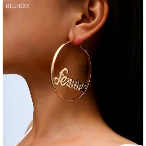 BLIJERY Trendy Punk Personality Big Circle with Baby Femme Letter Hoop Earrings for Women Fashion Jewelry Boucles d'oreilles
