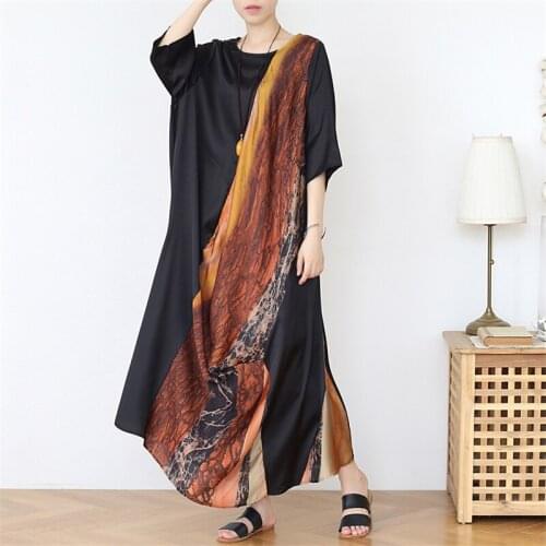Johnature Women Chiffon Irregular Dresses Patchwork Color O-Neck Seven Sleeve 2021 New Summer A-Line Female Casual Dresses