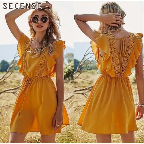 Womens Flying Sleeve Stitching Mini Dresses Sleeveless Solid Color Stitching High Waist Dress Lotus Leaf A-Line Summer Beach