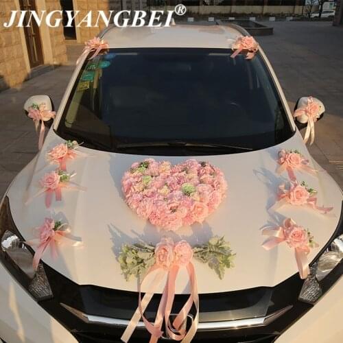 16pcs/set Heart bear doll Silk Rose Fake plants Fern Artificial flower Ribbon Wedding car flower set decoration wedding supplies