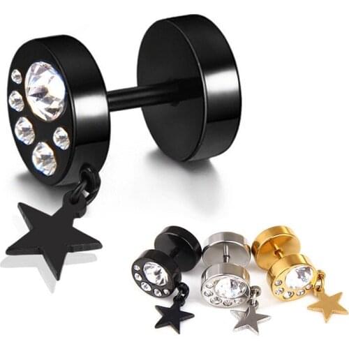 Fashion star pendant Crystal Barbell Earrings For Women Girls Hip Hop Stainless steel Stud Ear Jewelry Party Gifts 2 pieces