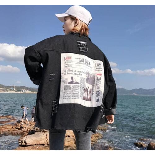 2020 Spring Denim Coat Women Long Sleeve Plus Size Printed Jean Jacket Hole Boyfriend Style Streetwear Jackets Overcoat