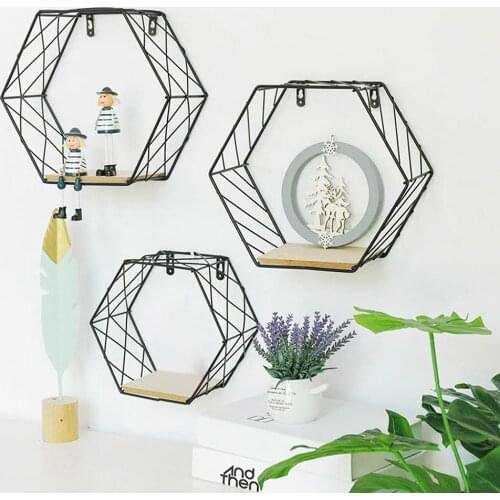 2020 Iron Hexagonal Grid Wall Shelf Combination Iron Hexagonal Grid Wall Mounted Shelf Rack Wall-mounted Living Room Decor