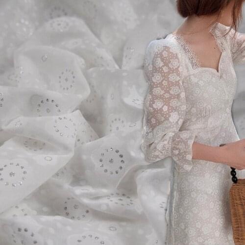 50*145cm White Beautiful Romantic Flower Hot Silver Pure Cotton Fabric Dress Shirt Sunscreen Clothing Cotton Handmade DIY Fabric