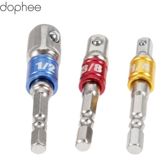 Dophee 3Pcs Socket Bit Adapter Set Hex Shank To 1/4" 3/8" 1/2" Impact Drill Bit Driver Aluminum Alloy Power Tools Round Shank