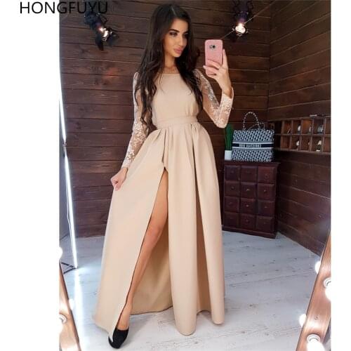 HONGFUYU فساتين السهرة Prom Party Dresses A-line Beige Long Sleeves Satin Formal Evening Gowns vestidos de noite Side Split