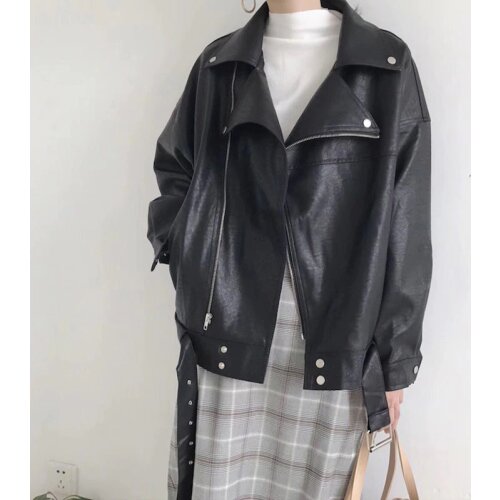 Fashion Loose Washed Fake Leather Jacket Plus Belt Women Oversized Black Turndown Collar Casual Streetwear Punk Biker Outerwear