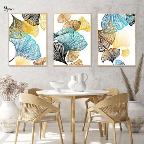Ginkgo Leaves Line Art Poster Brown Blue Gold Black Wall Art Print Picture Canvas Painting Interior Living Room Decoration
