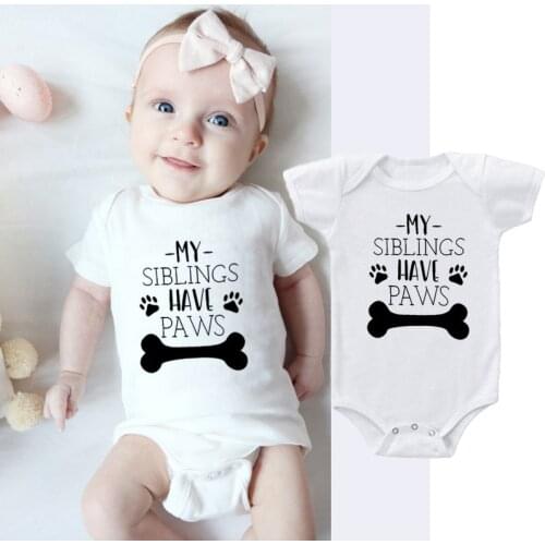 Cute Summer Newborn Baby Boy Girl Short Sleeve Letter Print MY SIBLINGS HAVE PAWS Romper Baby Clothes Bodysuit