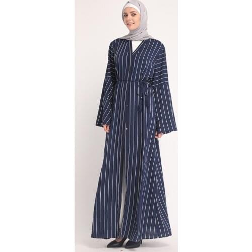 Muslim Adult single breasted Robe Musulmane Turkish Dubai Fashion Muslim striped Abaya Dress Arab Worship Service abaya Wq877