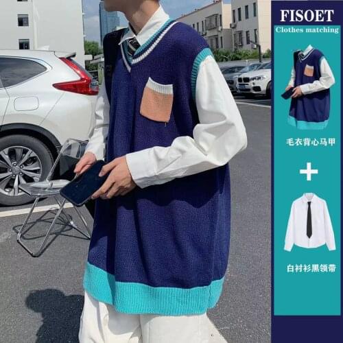 2021 Mens Fashion Trend Coat College Style V-Neck Knitting Student Sleeveless Vest Loose Sweater Vest Blue/white Color Pullover