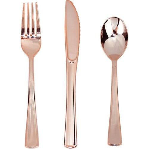 18Pcs Rose Gold Plastic Tableware Disposable Dessert Knives Forks Spoon Wedding Birthday Party Decoration Supplies Cutlery Set