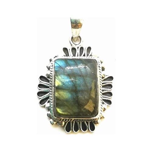 Nepal Hand 925 Silver Jewelry Inlaid Natural Round Labradorite Vintage Square Pendants for Lady T9044