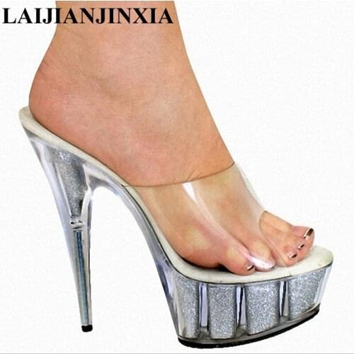 LAIJIANJINXIA New Glitter Clear 15cm High Heels Slippers Women Outdoor Slides Ladies Pvc Upper Open Toe Shoes Custom Colors
