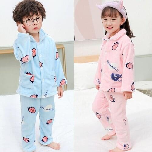 2021 winter new childrens flannel warm pajamas boys and girls strawberry printed home wear two piece baby soft home wear pajama