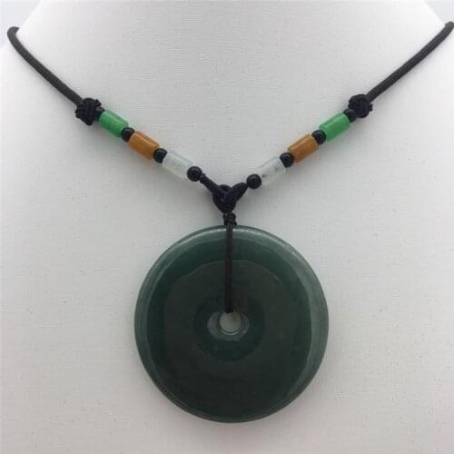 Wholesale New natural Dark green jadestone Peace buckle Good luck Pendant necklace long 26 inches around 48MM